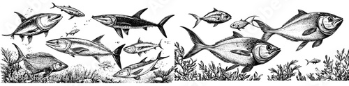 A school of fishes, an underwater marine ecosystem, sea and river inhabitants in vintage engraved style. Trot, perch, and anchovies, herring, and mackerel, as well as delicacies.
