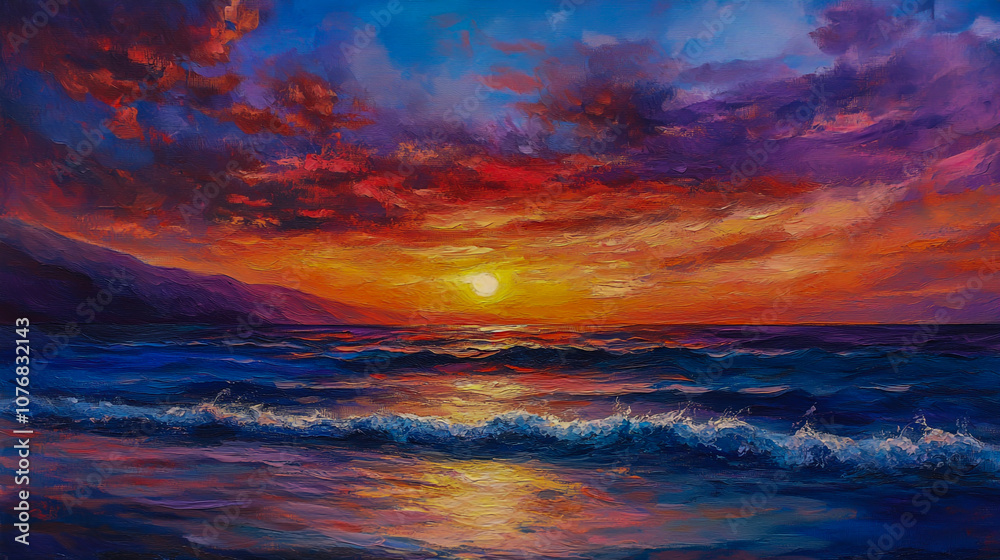 Fototapeta premium Breathtaking Sunset Over Serene Coastal Landscape with Vibrant Colors and Gentle Waves.