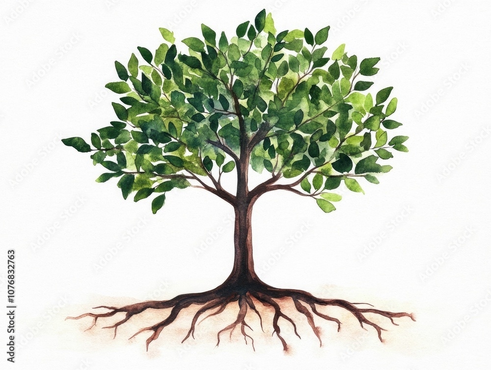 Fototapeta premium Minimalist Watercolor Painting of a Tree with Deep Roots and Soft Green Leaves Representing Stability and Harmony Isolated on a Clean White Background