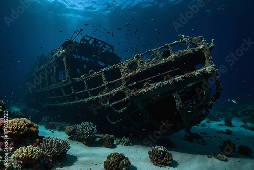 Fototapeta Naklejka Na Ścianę i Meble -  Atmospheric underwater photograph of a shipwreck surrounded by vibrant coral and marine life, showcasing the haunting beauty of the deep sea