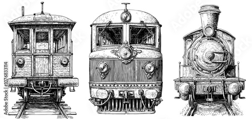 Illustration of a front view of a steam locomotive in black and white.
