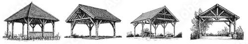 Illustration of a canopy building with wooden frame.