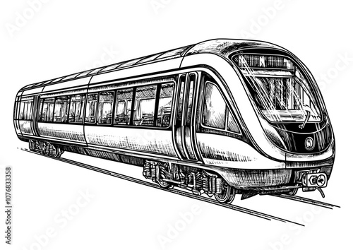 Silhouette of commuter train with large front window.