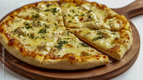 Cheese-topped pizza, sliced on a wooden board, isolated against a white background, with crispy crust and melted mozzarella.