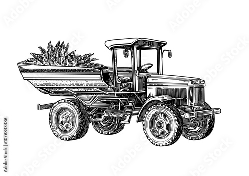 Graphite farm tractor illustration.