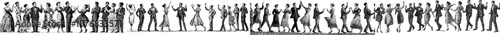 Vintage-styled people dancing to funny music at Gatsby party of the 20s. Happy set of Broadway dancers of 1920s. Colored flat modern illustration isolated on white.