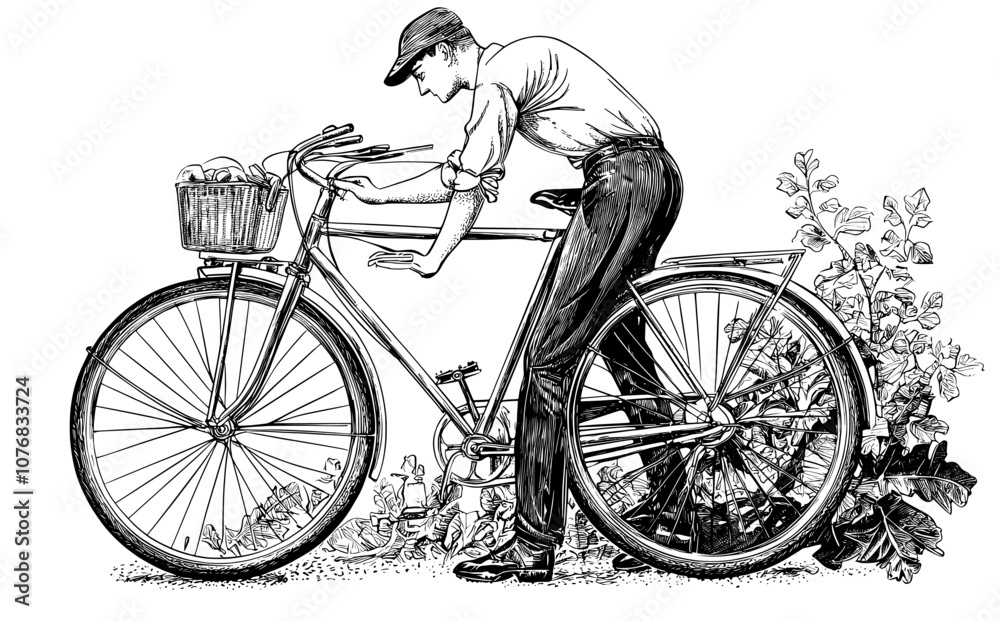 Obraz premium Vintage style fixed-gear bike in vintage 1970 s style. Retro road bike with cog wheel and chain. Flat modern illustration of a fixie bike on a white background.