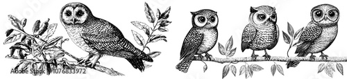 An amusing set of humorous owls with bulging eyes on tree branches, watching something with bulging eyes. Flat modern illustration isolated on white.