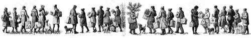 Happy merry people carry Christmas trees, gift boxes, and shopping bags in this New Year's eve illustration.