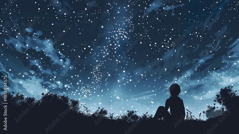 A person is sitting on a hillside looking up at the stars A person is sitting on a hillside looking up at the stars
