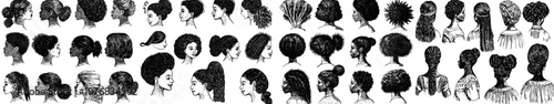 Set of silhouette afro girls. Illustration of black girl head with stylized haircut. Set of black silhouette afro girls.