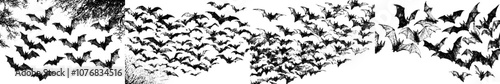 The sky is filled with bats flying in a flock.