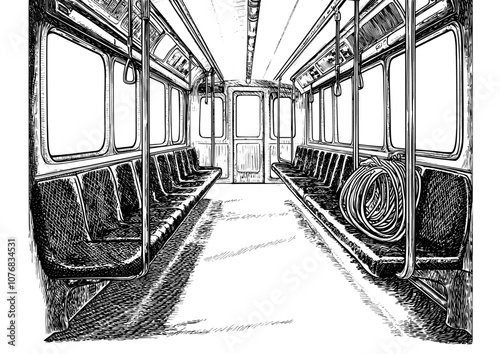 Perspective view of a commuter train interior. Simple flat illustration.