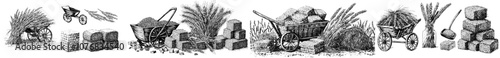 In the background are hay bales, piles, heaps and stacks. Straw in rolls, squares, sacks, wheelbarrows and crates. Dry grass and farm fodder bundles.