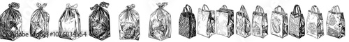 Realistic flat modern illustrations isolated on a white background. Empty packaging for supermarket and garbage. Useful and unusable polythene packs, packets for purchases.