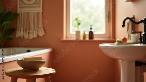 Bohemian bathroom accents. Warm, earthy bathroom with terracotta tiles, plants, and soft lighting; a cozy atmosphere with a wooden stool and candle.