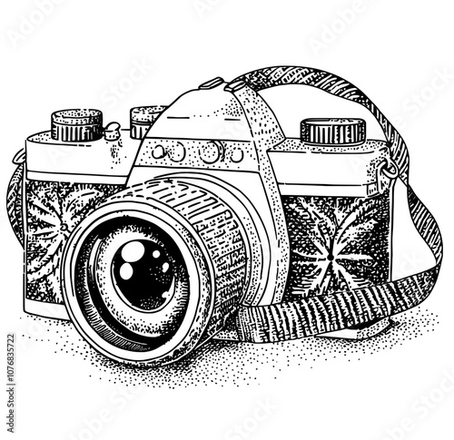 The cartoon illustration depicts a retro film camera with strap