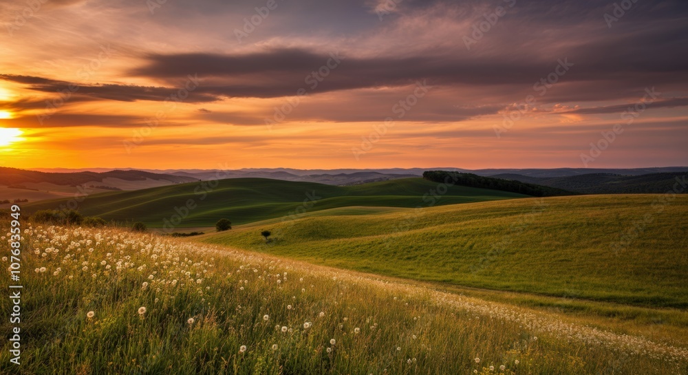 Fototapeta premium Sunset over rolling green hills with dandelions in the foreground
