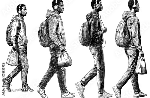 Illustration of a smiling man wearing headphones while walking