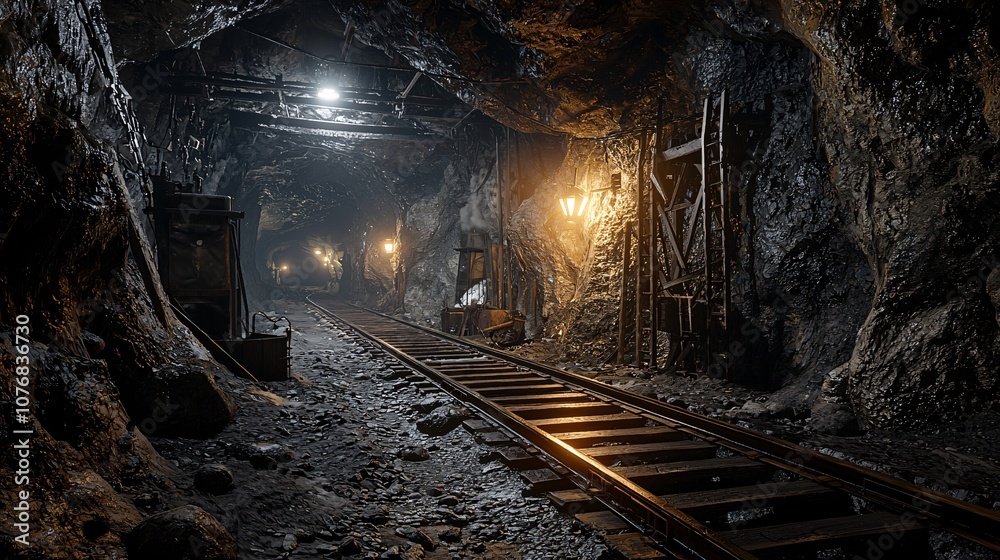 Naklejka premium A dimly lit underground mine showcasing wooden supports and railway tracks, accentuated by warm lighting creating a mysterious atmosphere.