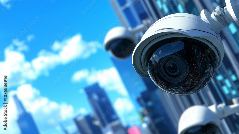 futuristic cityscape with surveillance cameras and data streams, emphasizing security risks and futuristic cityscape with surveillance cameras and data streams, emphasizing security risks and