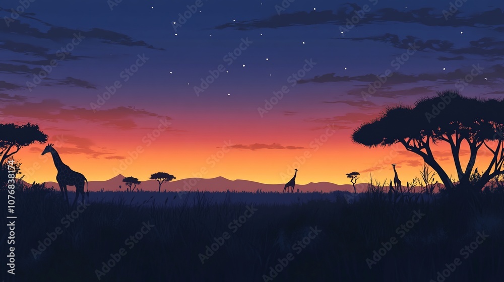 Fototapeta premium Silhouettes of giraffes standing in a savanna landscape with a colorful sunset and starry sky.