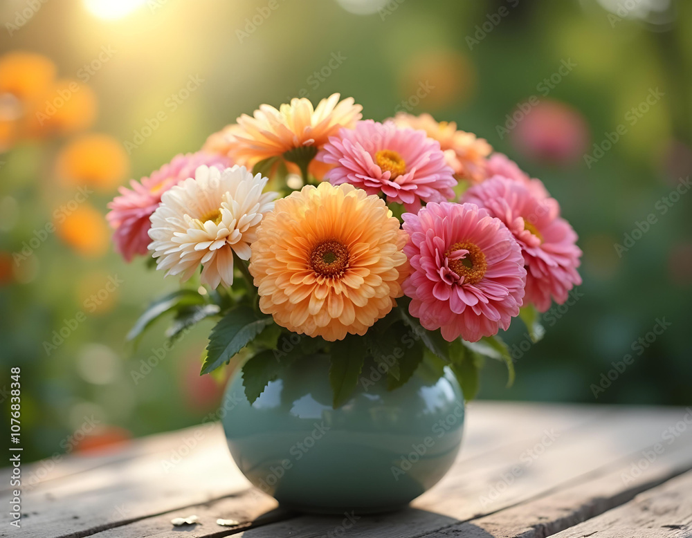 A small, round flower vase showcasing 9 zinnias in soft pastel colors. The background includes a sunny garden scene, creating a cheerful atmosphere. A small, round flower vase showcasing 9 zinnias in soft pastel colors. The background includes a sunny garden scene, creating a cheerful atmosphere.