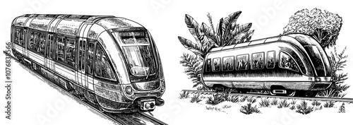 A fast passenger train in perspective. Simple flat illustration.