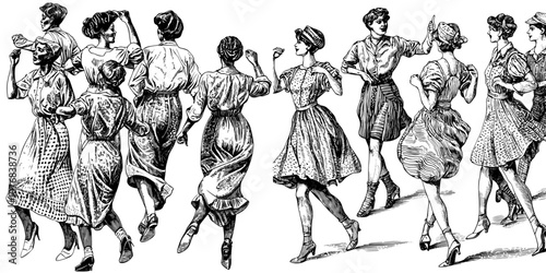 Party pattern with fashion people dancing to 80s music. Seamless disco background of the eighties. High resolution illustration for decoration.