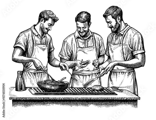 The guys gather outside for a barbecue party on a sunny summer evening. They are chatting and cooking barbecue grill meat together. A modern flat illustration isolated on a white background.