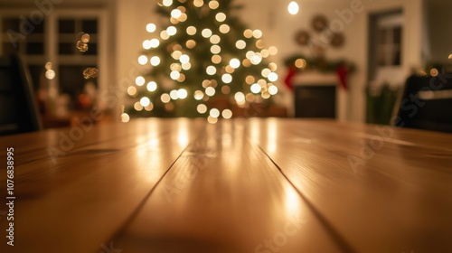 Wallpaper Mural A wooden table is in the foreground, with the grain of the wood visible. In the background, a Christmas tree is out of focus, and the lights on the tree create a warm glow. Torontodigital.ca