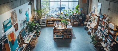 An overhead view of a well-lit contemporary art studio filled with furniture, art supplies, and artwork.