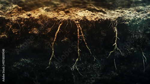 Layers of fertile earth with growing roots, showcasing soil as an energy source photo