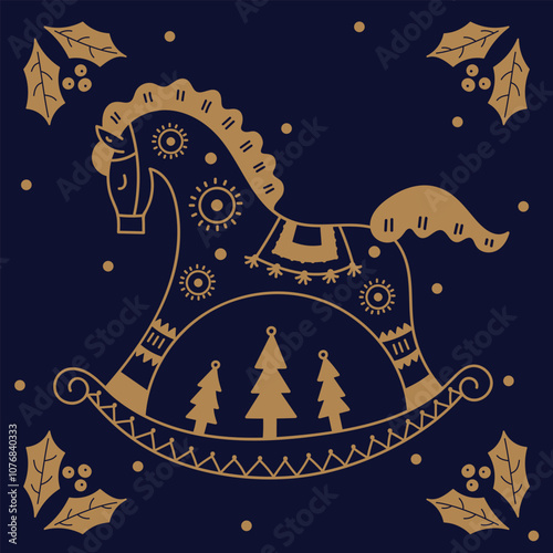 Canvas Print Merry Christmas card with gold rocking horse, symbol of a New Year