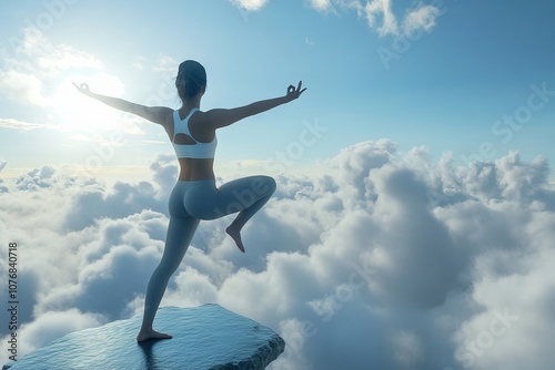 Silhouette Lady practicing Yoka pose at the edge of a clouds hyper-realistic sky background photo