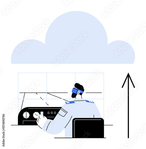 Pilot wearing uniform inside aircraft cockpit, operating controls. Large cloud overhead, an upward arrow shows direction. Ideal for aviation, travel, success, progress, goal-setting ambition