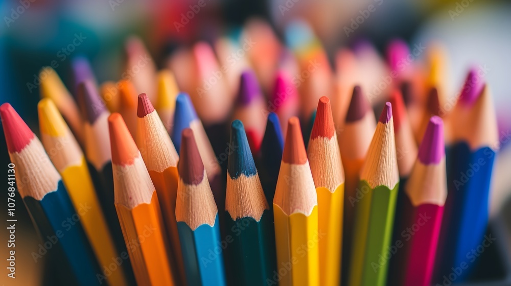 Vibrant sharpened colored pencils arranged in row with selective focus creating colorful artistic background, copy space Vibrant sharpened colored pencils arranged in row with selective focus creating colorful artistic background, copy space