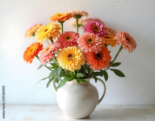 A ceramic flower vase filled with 9 colorful zinnias, showcasing their distinct shapes and textures. The scene is set against a white wall, with a soft focus background. photo