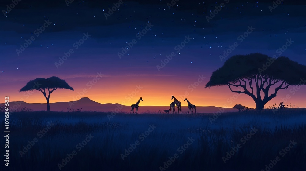 Fototapeta premium Three giraffes stand in a savanna at dusk, silhouetted against an orange and purple sky, with acacia trees framing the scene.