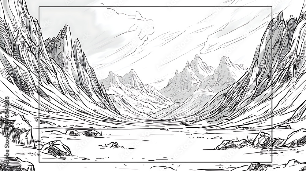 Fototapeta premium Detailed Black and White Illustration of a Majestic Mountain Range with a Serene Valley, Capturing Nature's Grandeur and Untouched Wilderness in a Stylized Art Form