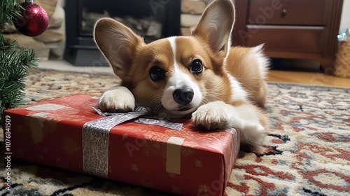 Cute corgi dog lying next to wrapped Christmas present on patterned carpet with festive decorations in background