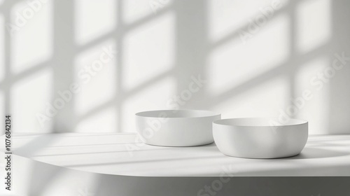 Wallpaper Mural Minimalist white ceramic bowls on marble surface with soft window light casting geometric shadows, creating a serene and elegant composition. Torontodigital.ca