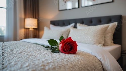 Bedroom interior with a white pillow and a red rose flower on the bed