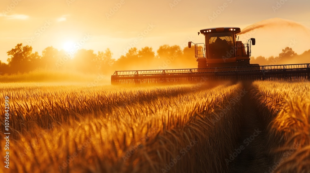 Fototapeta premium Combine harvester working in golden wheat field at sunset with dust particles illuminated by dramatic sunlight