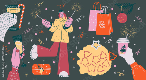 Festive Christmas illustration with holiday elements: hands holding glasses, sparklers, coffee, cookies, gift bags, Christmas ornaments,  presents. Retro style vector for a cheerful holiday atmosphere