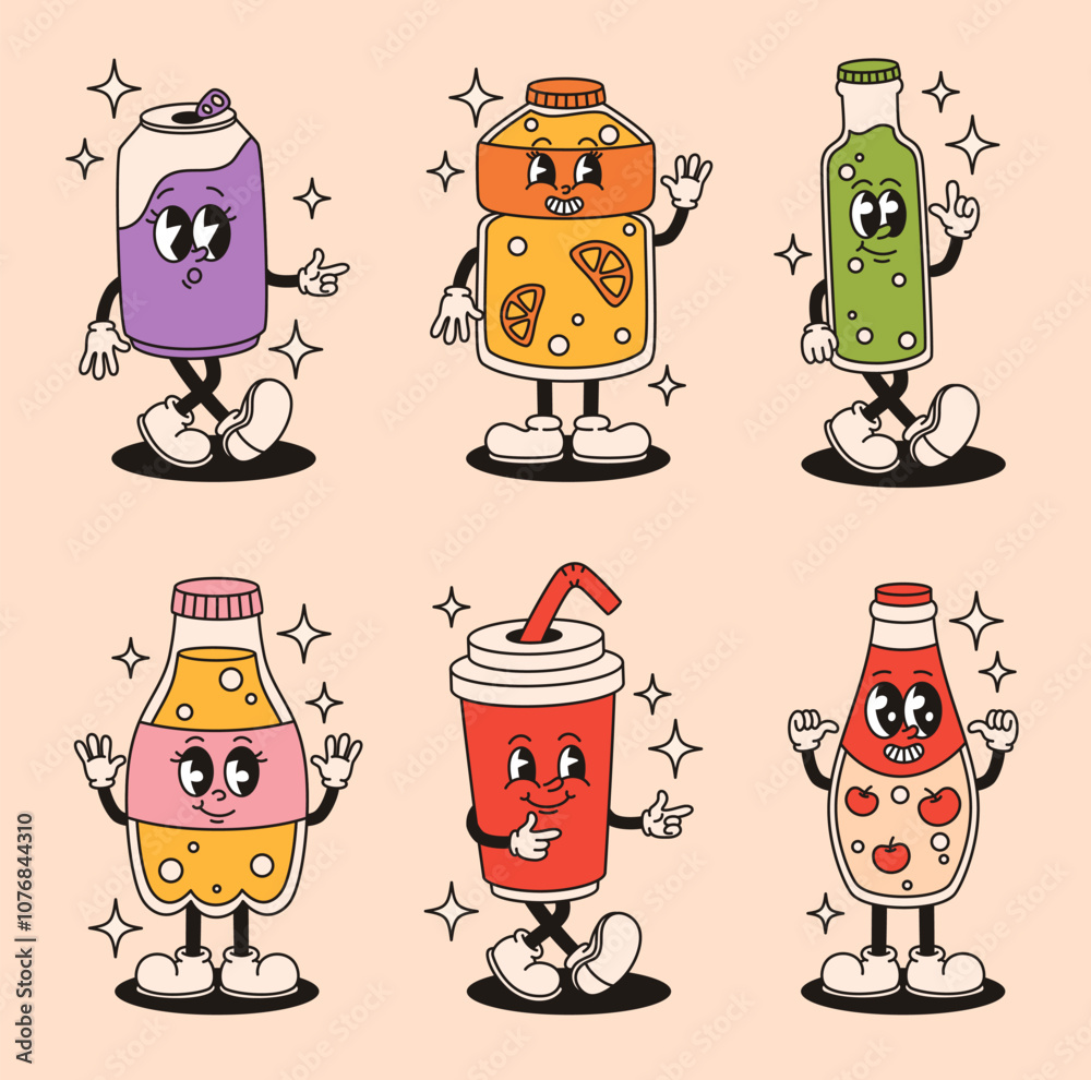 Set of different groovy soda drinks characters. Flat vector illustration.