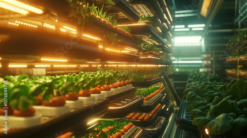 A futuristic vertical farm with rows of vegetables growing in stacked hydroponic trays. Glowing LED lights simulate sunlight, and an automated irrigation system circulates nutrient-rich water