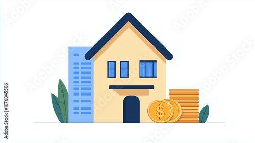 A modern house illustration with coins and green leaves, symbolizing real estate investment and financial growth.