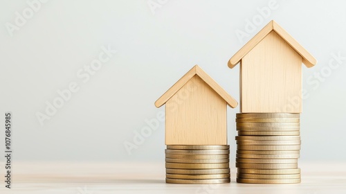 Two wooden house models sit atop stacks of coins, symbolizing real estate investment and financial growth.