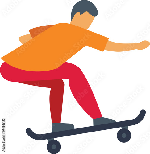 Young man is balancing on a skateboard while performing a trick in the air